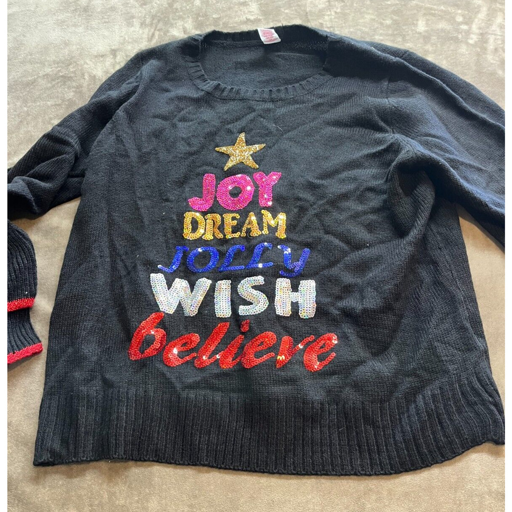 Womens Black Sequin Joy Dream Jolly Wish Believe Christmas Holiday Sweater XL